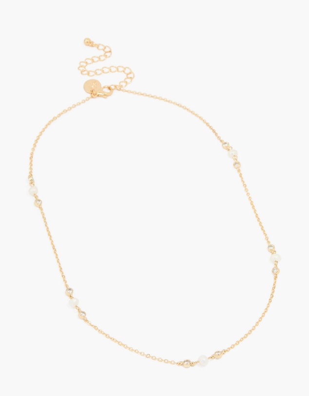 Lovisa - Gold Plated Cubic Zirconia & Freshwater Pearl Dainty Station Necklace
