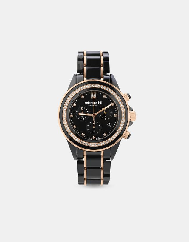 Michael Hill - Chronograph Watch with 0.50 Carat TW of Diamonds in Black Ceramic & Rose Tone Stainless Steel