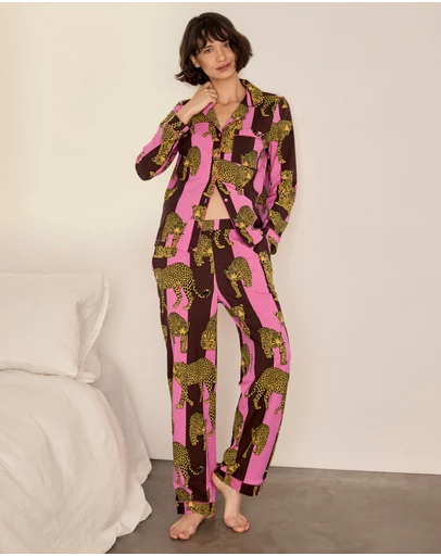Chelsea Peers - Organic Cotton Stripe Leopard Long Pyjama Set