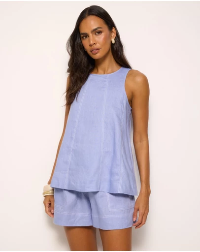 AERE - Contrast Stitch Linen Top