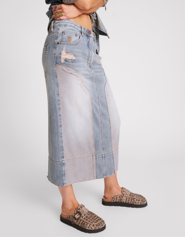 ONE TEASPOON - Cassidy Mid Waist Long Denim Column Denim Skirt - Dirty Blue