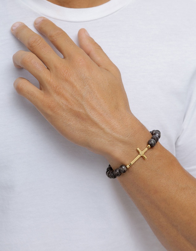 Kuzzoi - ICONIC EXCLUSIVE - Lavakite Bead Bracelet with Cross in Gold-Plated 925 Sterling Silver
