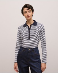 Trenery - Cotton Stripe Button Detail Polo in Night Sky