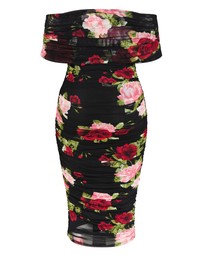 City Chic - Plus Size Dana Mesh Rose Print Dress - black