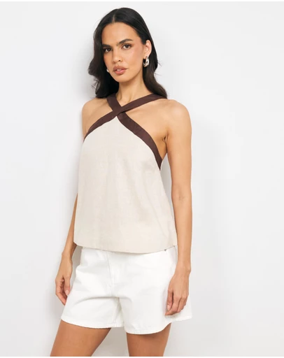 AERE - Elodie Contrast Linen Cross Front Top