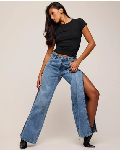 ONE TEASPOON - Low Riders Low Waist Wide Leg Zipped Denim Jeans - Pretty Blue
