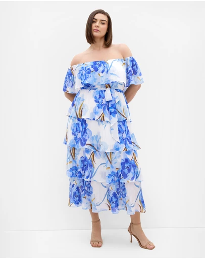 City Chic - Plus size Night Garden Print Tier Midi Dress - white