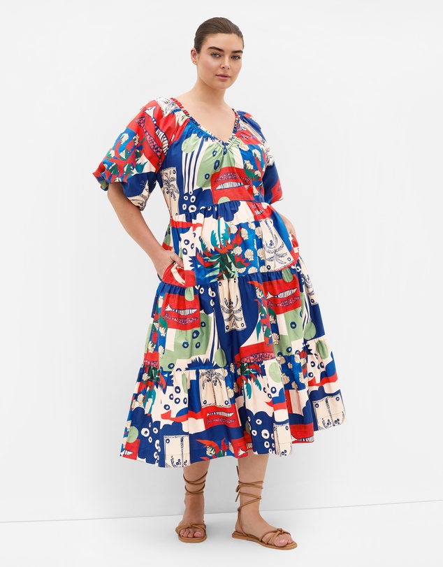 City Chic - Plus size Fantasy Marine Print V Neck Dress - bone