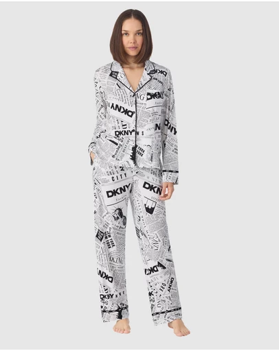 DKNY - Logo Print Cotton Jersey Button Up Long Sleeve Long Pyjama Set