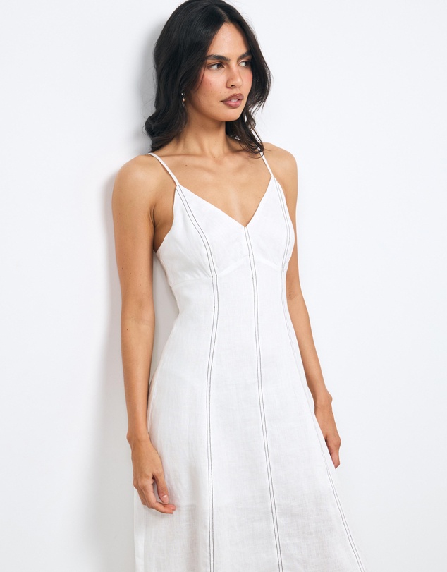 AERE - Maie Contrast Stitch V Neck Linen Midi Dress