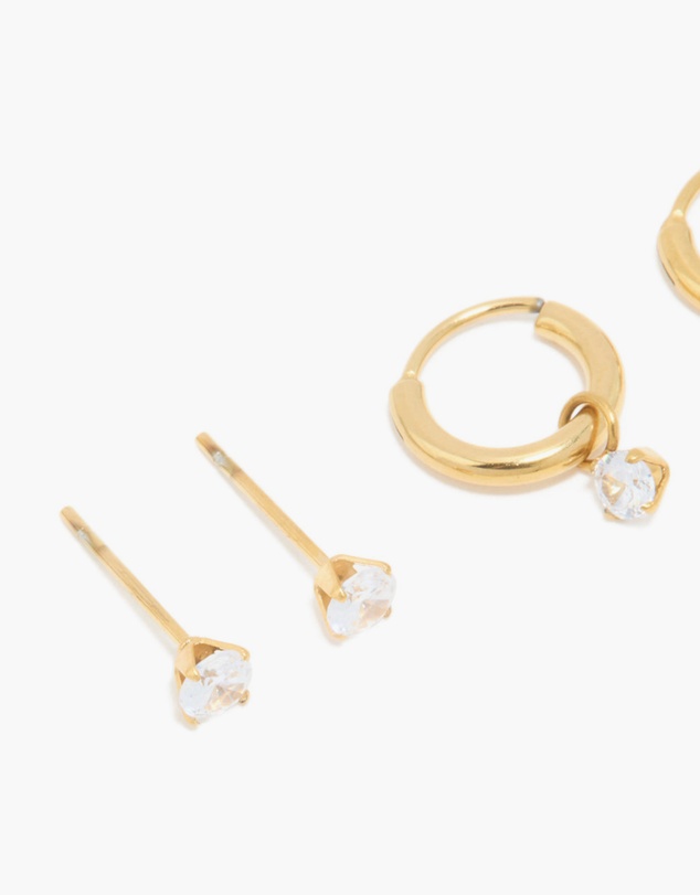 Lovisa - Waterproof Gold Plated Stainless Steel Cubic Zirconia Hoop & Stud Earrings 3-Pack