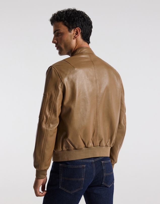 Calibre - Stand Collar Leather Bomber Jacket Camel