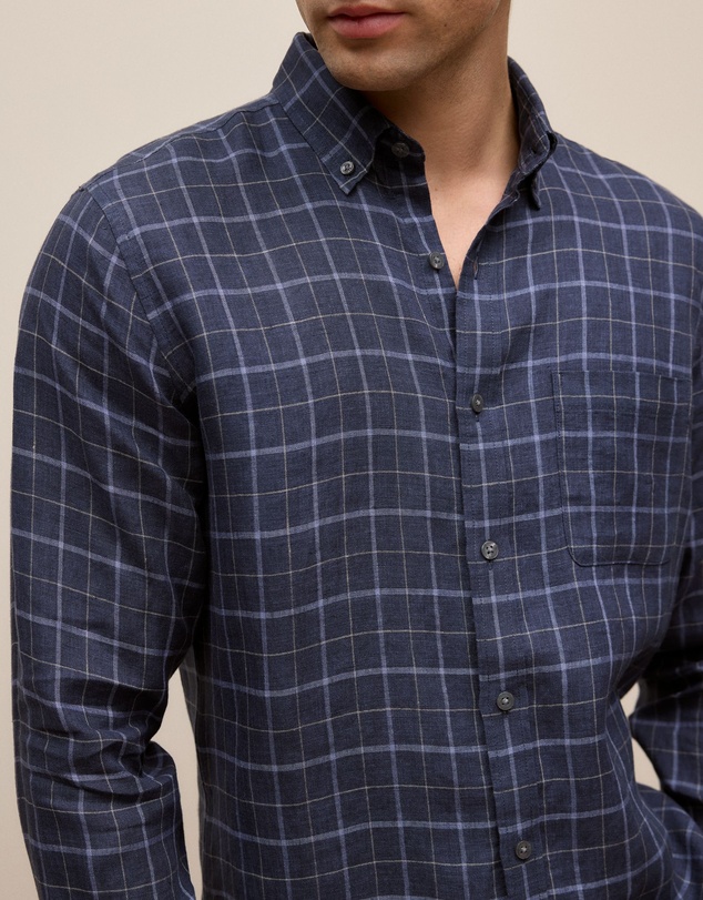 Trenery - Regular Fit Linen Fine Check Shirt in Navy