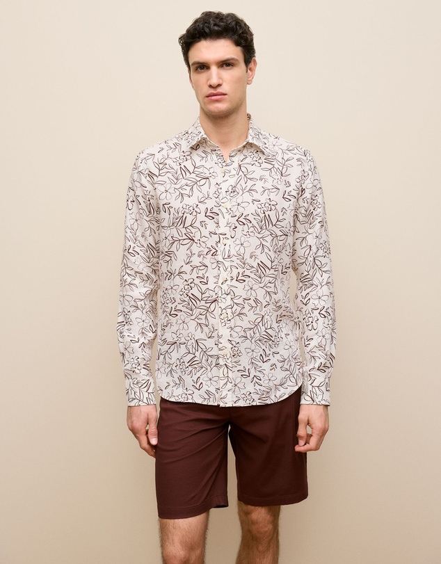 Trenery - Regular Fit Floral Linen Long Sleeve Shirt in White