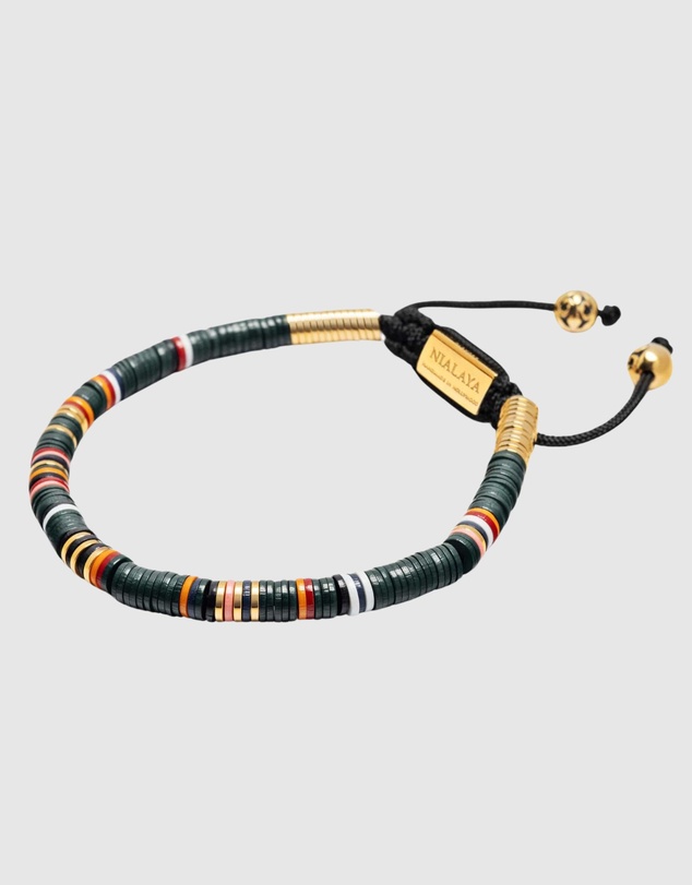 Nialaya Jewellery - Men's Beaded Bracelet with Dark Green and Gold Disc Beads