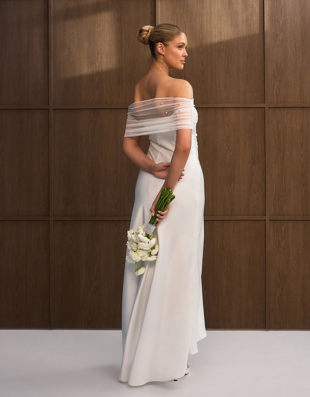 Six Stories - Bardot Detail Pearl Satin Midaxi Dress