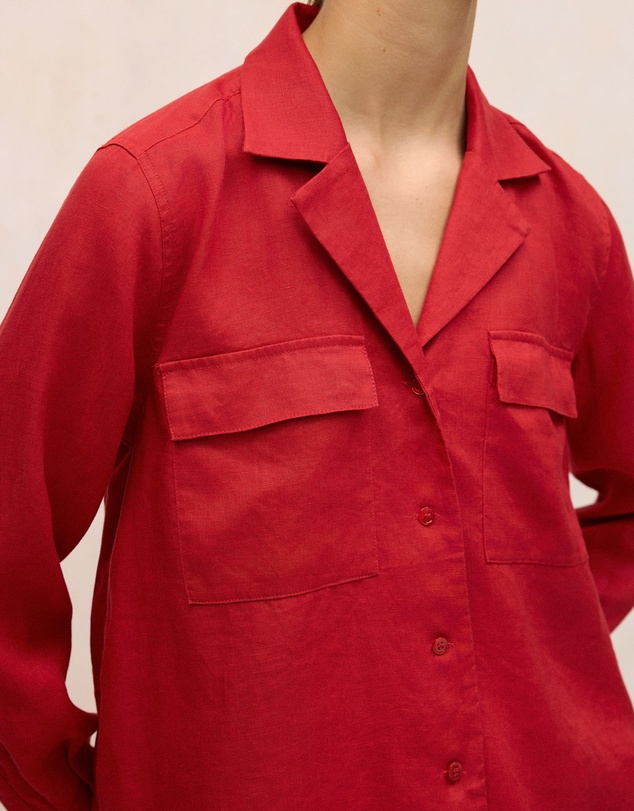 Trenery - Linen Pocket Detail Long Sleeve Shirt in Cherry Red