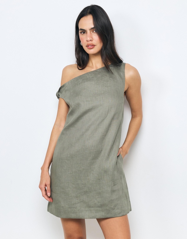 AERE - Aela Off Shoulder Linen Shift Mini Dress