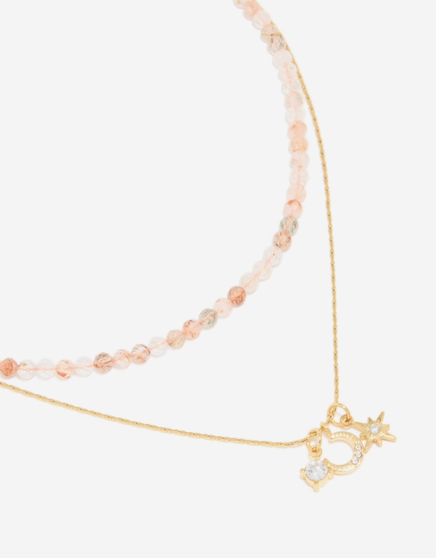 Lovisa - Waterproof Gold Plated Stainless Steel Rose Quartz Semi Precious Stone & Celestial Layered Necklace
