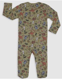 B Free Intimate Apparel - Baby Snap Button Sleepsuit with Booties - 100% Organic Cotton - Khaki Native Aussie Animals