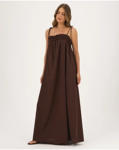 Atmos&Here - Eire Maxi Dress With Tie Straps And Shirring Detail In Linen Blend