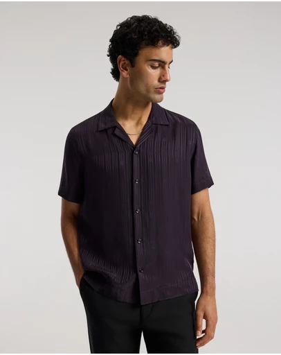 Calibre - Camp Collar Jacquard Monogram Shirt Plum