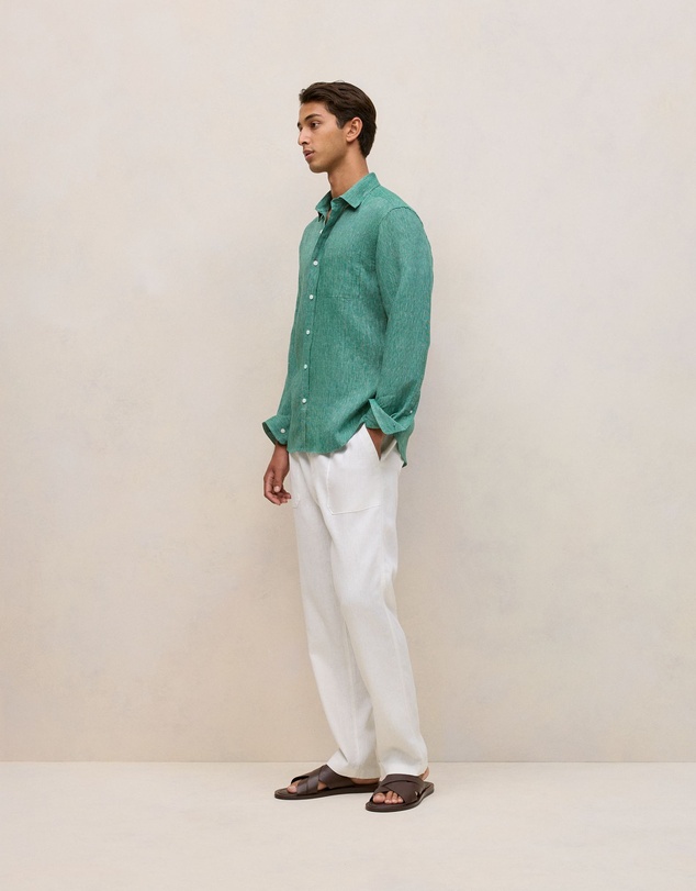 Trenery - Regular Fit Linen Fine Stripe Shirt in Deep Green