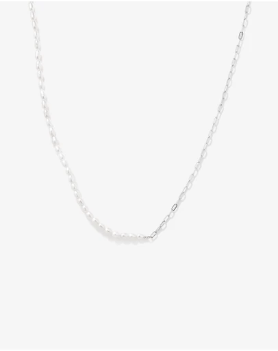 Michael Hill - Half Cultured Freshwater Pearl Half Paperclip Chain Necklace in Sterling Silver