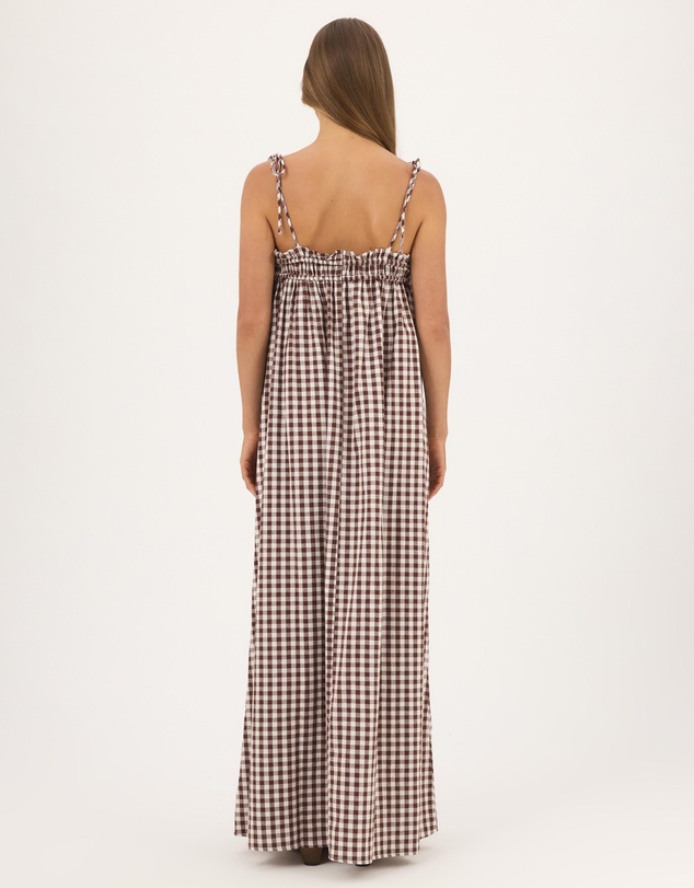 Atmos&Here - Eire Gingham Linen Blend Maxi Dress With Tie Straps And Shirring Detail