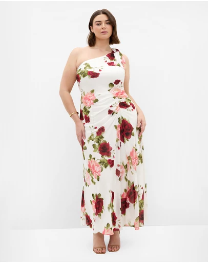 City Chic - Plus size Soiree Print One Shoulder Maxi Dress - ivory