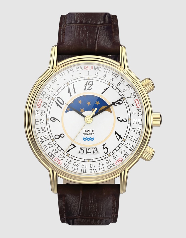 TIMEX - Timex 1990 Moon Phase and Calendar Dial Reissue 37mm Brown Leather Strap Watch