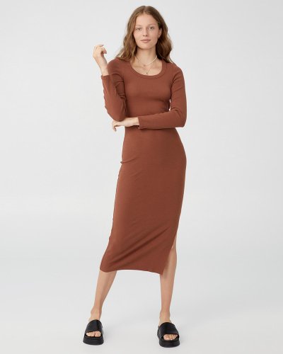 Rib Long Sleeve Split Midi Dress
