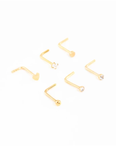Lovisa - Gold Plated Surgical Steel Heart Cubic Zirconia Nose Studs 6-Pack