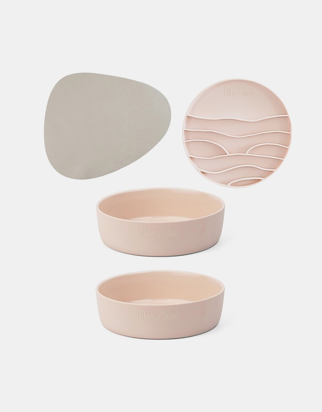 Lilly + Dash - Dog Eat and Drink Set – 2 Bowls + Lick Insert + Slate Placemat Set