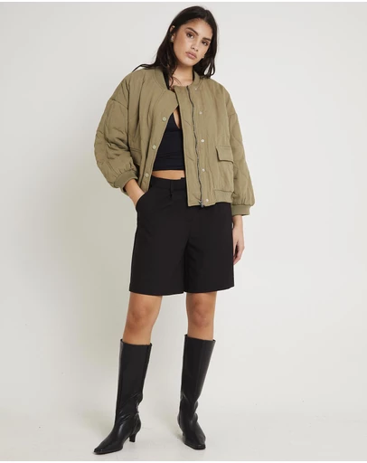 Subtitled - Quilt Detail Oversized Bomber Jacket