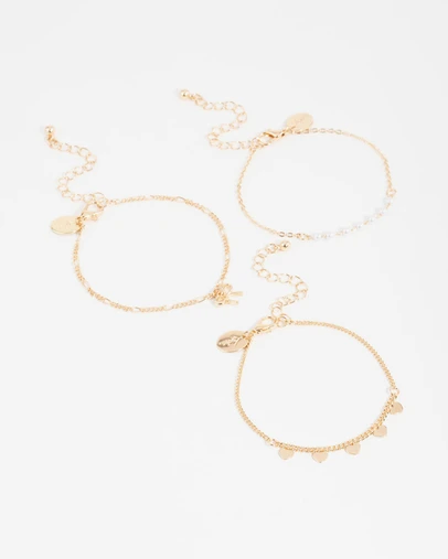 Lovisa - Gold Diamante Pearl Bow & Heart Bracelets 3-Pack