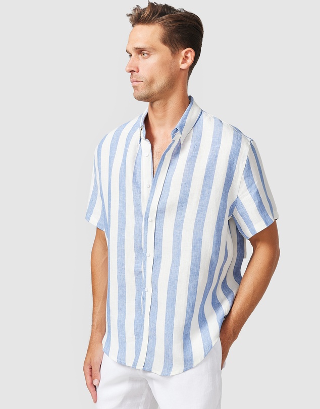 Vacay Swimwear - S/S Blue Stripe Linen Shirt