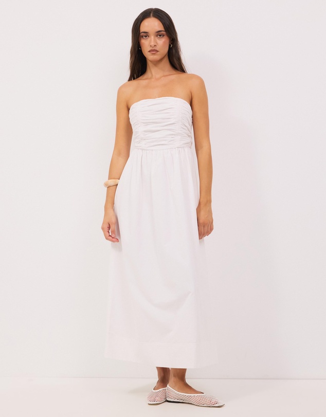 Calli - Strapless Gathered Midi Dress