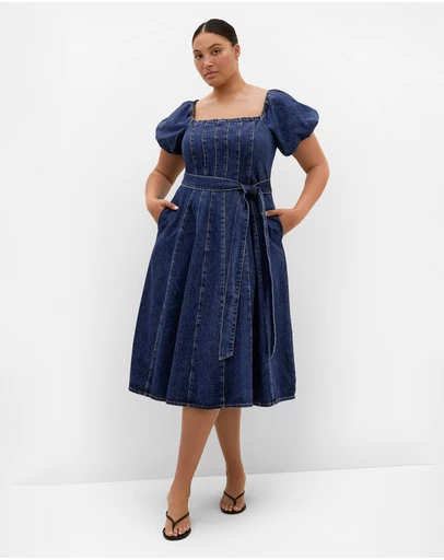City Chic - Plus size Lulu Short Sleeve Denim Midi Dress - dark wash