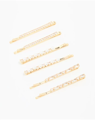 Lovisa - Gold Cubic Zirconia & Pearl Hair Clips 6-Pack