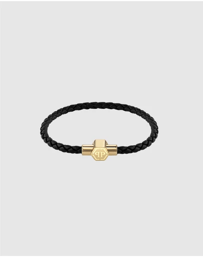 Philipp Plein - PLEIN ENIGMA IP Yellow Gold Hexagon Magnetic Black Leather Bracelet