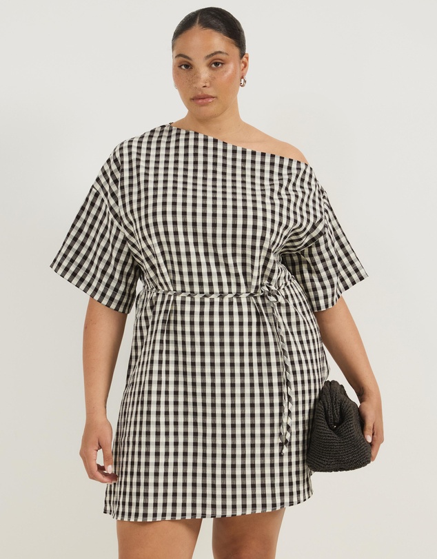 Atmos&Here Curvy - Olive Off Shoulder Gingham Mini Dress with Tie Waist