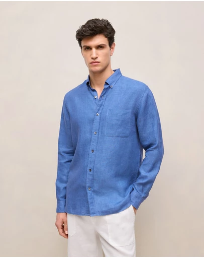 Trenery - Regular Fit Delave Linen Long Sleeve Shirt in Mineral Blue
