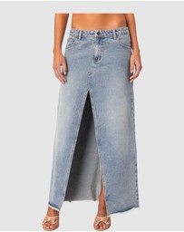 EDIKTED - Front Slit Washed Denim Maxi Skirt