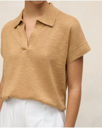 Trenery - Linen Cotton Relaxed Knit Polo in Sahara Tan