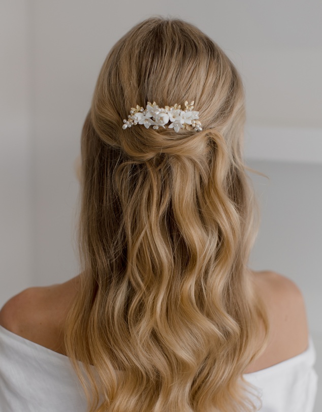 The White Collection - Cora - Freshwater Pearl and Floral Detail Silver Bridal Comb