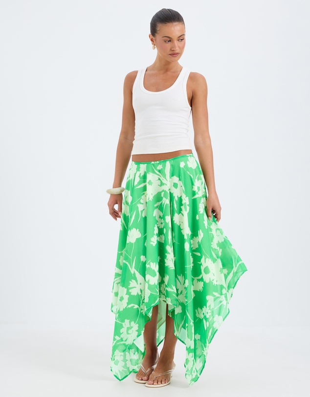 Calli - Aurora Verde Floral Print Asymmetrical Skirt
