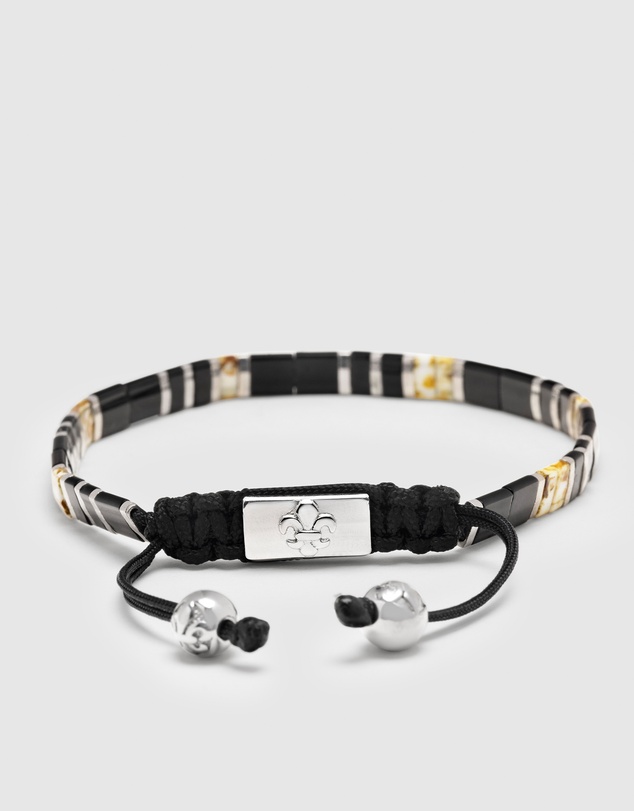 Nialaya Jewellery - Men's Bracelet with Black, White Marbled And Silver Miyuki Tila Beads