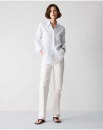 Trenery - Yarn Dyed Linen Twin Stripe Shirt in Mid Blue