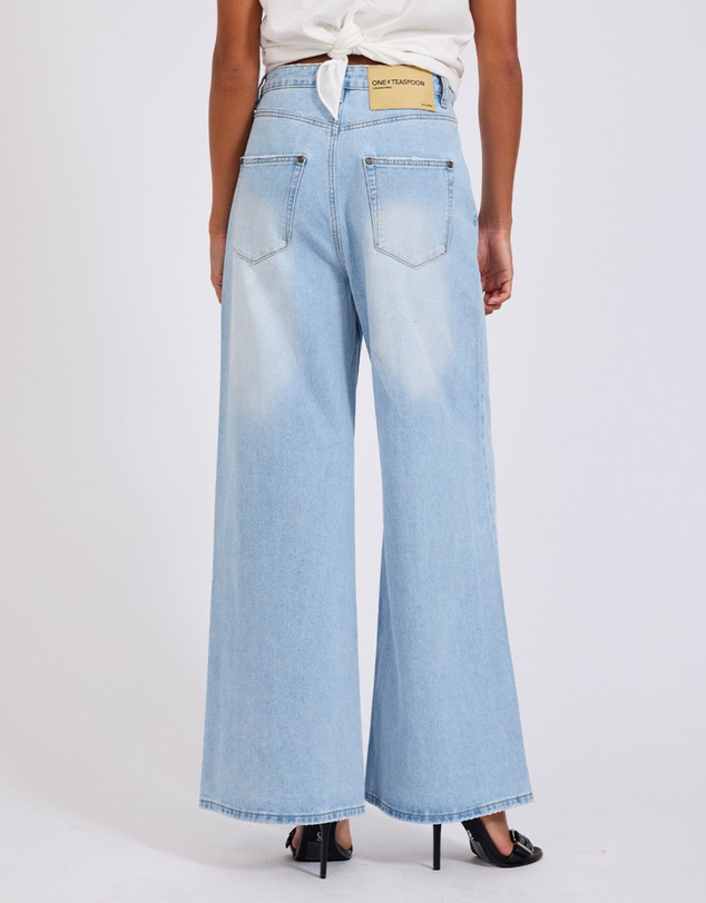 ONE TEASPOON - Love Machines Mid Waist Super Wide Leg Heartless Denim Jeans - Blue